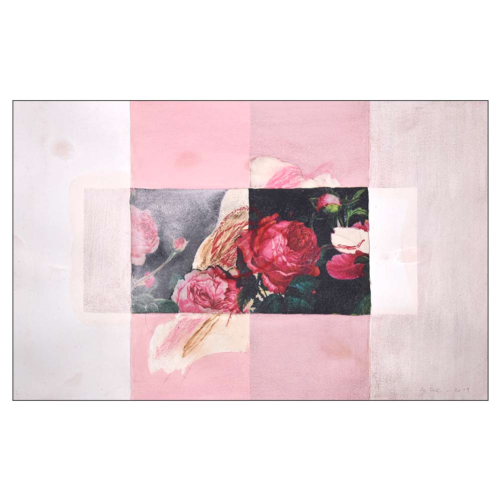 Gilles Le Dez, roses-ouvert-blancs, 41 x 66 cm, techniques mixtes, papier, 2019.